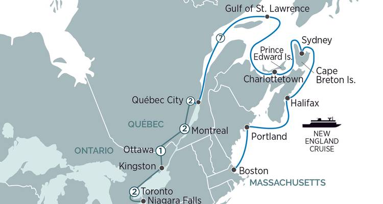 Carte de croisière de la Nouvelle-Angleterre et de l'est du Canada incluant Boston, la ville de Québec, Halifax et l'Île-du-Prince-Édouard.