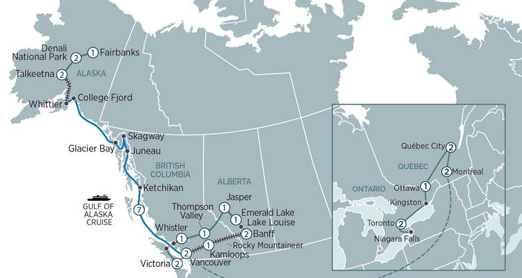 Extended itinerary map covering Alaska Gulf cruise and eastern Canada cities inset.