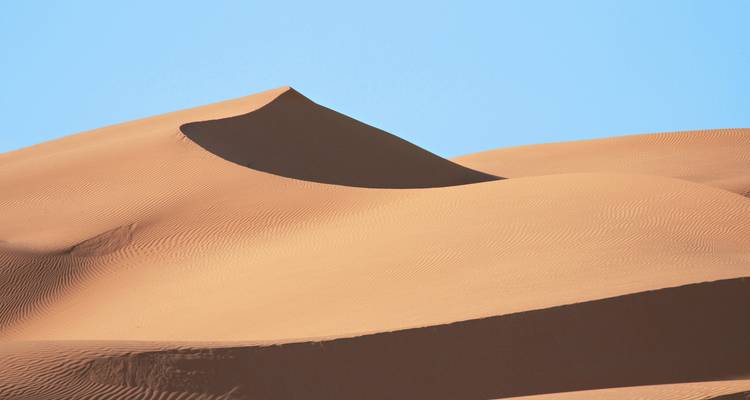 Smooth ripple-patterned sand dunes of the Algerian Sahara under a clear blue sky.