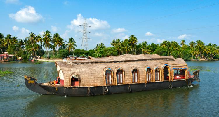 Traditional wooden-roof houseboat cruising along palm-lined backwaters under blue sky