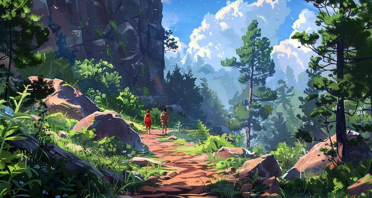 Ilustración estilizada de dos excursionistas en un sendero montañoso iluminado por el sol entre exuberante follaje verde y acantilados.