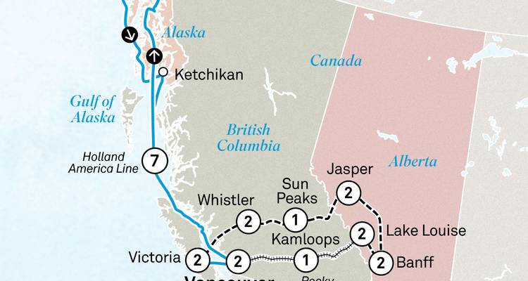 Illustrated itinerary map showing cruise and land route through Alaska and Western Canada.