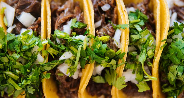 Nahaufnahme von vier Rindfleisch-Tacos, garniert mit gehackten Zwiebeln und frischem Koriander.