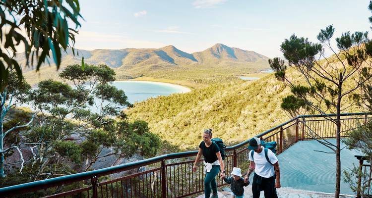 Family hiking up a lookout platform with sweeping coastal bay and forested mountains behind.