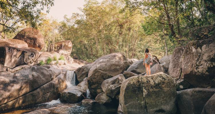 Young woman standing on large rainforest boulders beside a small waterfall surrounded by dense trees.