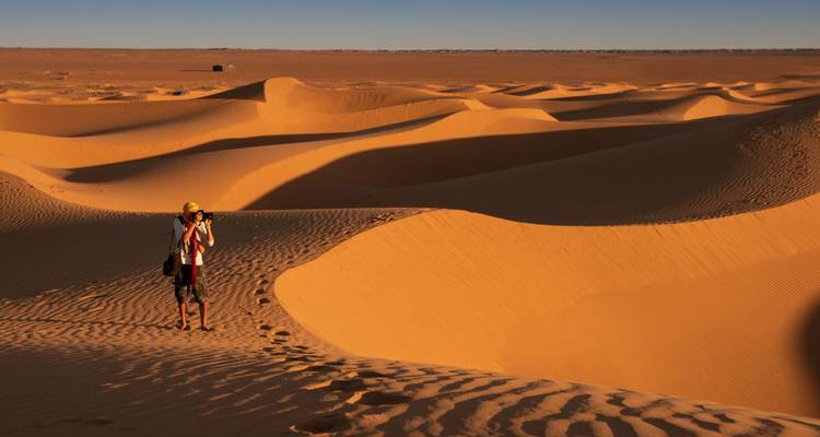 Lone photographer capturing sweeping golden sand dunes under low afternoon sun.