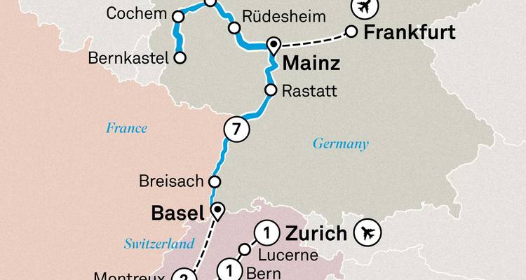 Mapa del itinerario de crucero a través de Basilea, Maguncia, Coblenza, Zúrich y la región circundante.