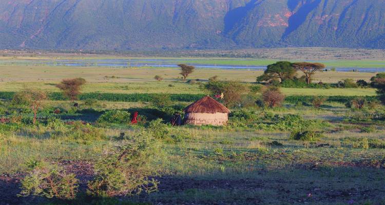 Traditional thatched hut on open African plain with mountains and marshland in the distance.
