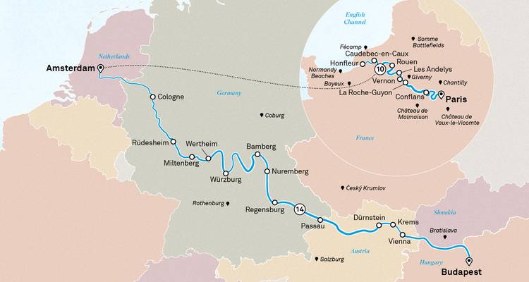 Carte illustrée de l'itinéraire d'une croisière fluviale européenne d'Amsterdam à Budapest avec extension à Paris.