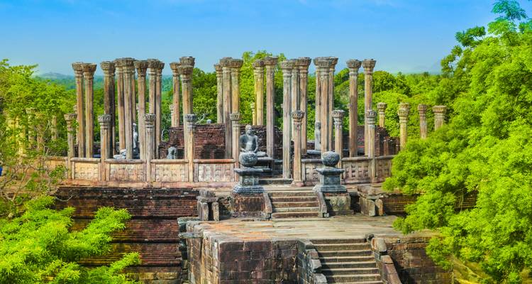 Ruine de temple circulaire antique bien préservée avec des colonnes de pierre s'élevant au-dessus de la canopée verte de la jungle.