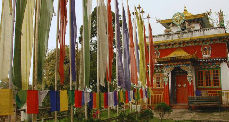 Colorful vertical prayer flags flutter beside a small red-walled Buddhist temple surrounded by greenery.