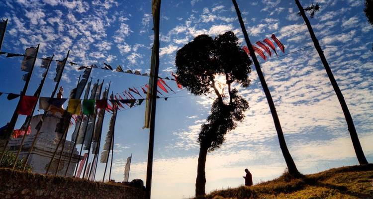 Silhouetted figure meditating near tall prayer flags and a lone tree against a dramatic sky filled with scattered clouds.