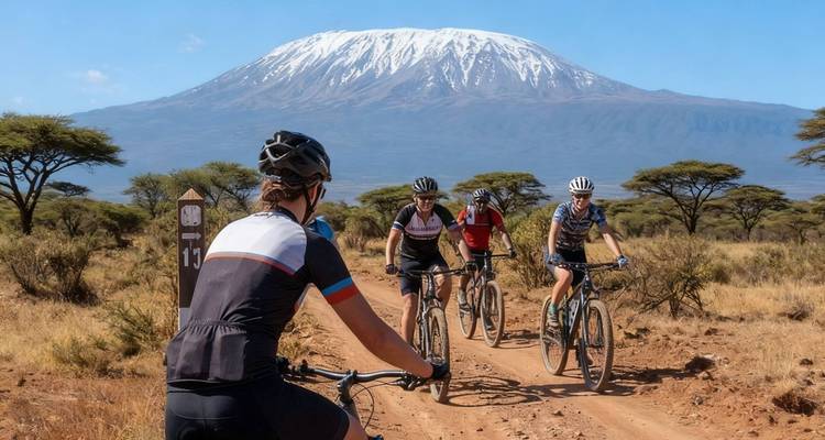 Des cyclistes roulent sur une piste poussiéreuse à travers la savane d'acacias avec le mont Kilimandjaro couronné de neige qui domine l'horizon.