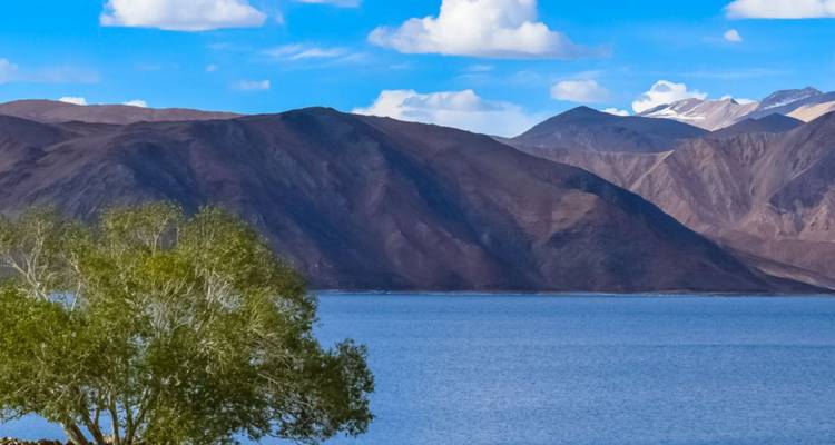 Serene high-altitude lake bordered by dark brown hills under a bright blue sky with white clouds.