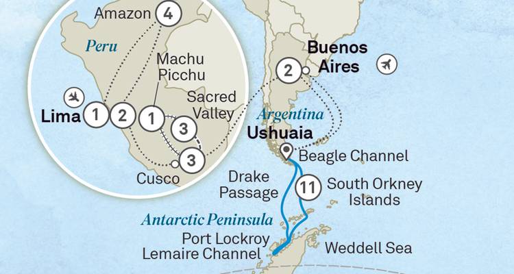 Itinerary map showing travel route through Peru, Argentina and Antarctica