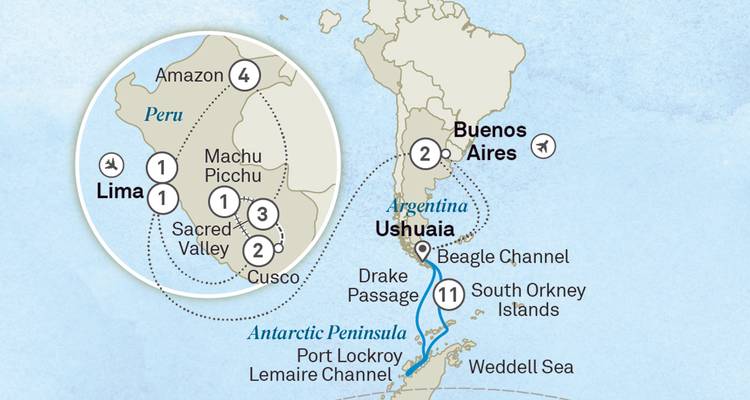 Detailed map displaying travel route from Buenos Aires to Ushuaia and Machu Picchu with Antarctic extension