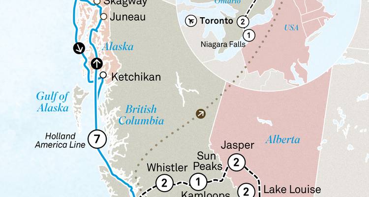 Carte détaillant l'itinéraire ferroviaire et de croisière à travers l'ouest du Canada et l'Alaska.