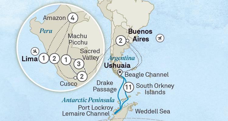 Carte de voyage mettant en évidence le parcours de croisière de Lima, Ushuaia, passage de Drake et péninsule Antarctique