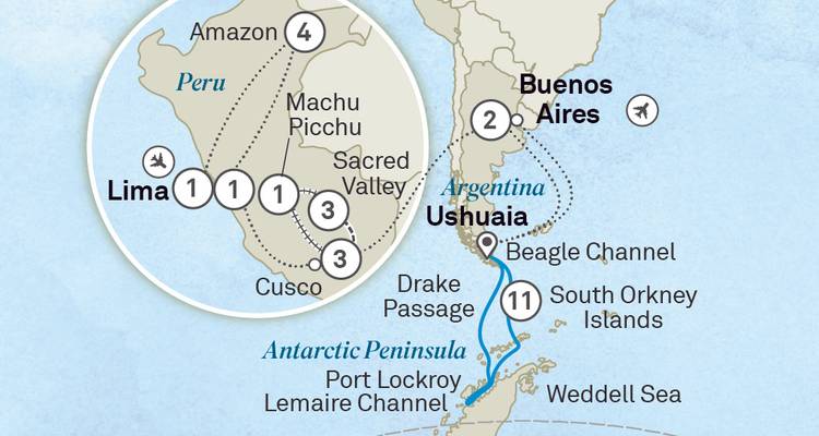 Carte d'itinéraire affichant l'itinéraire de Buenos Aires et Ushuaia à Machu Picchu et la Péninsule Antarctique.