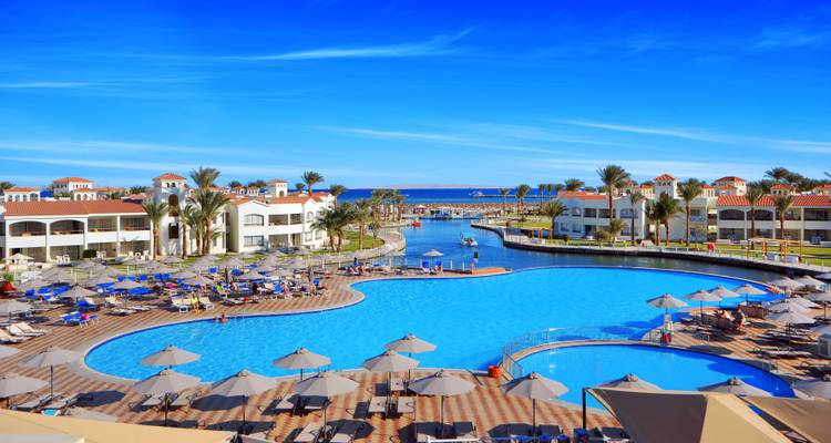 Luxury seaside resort with a large outdoor pool, palm trees and the Red Sea beyond.