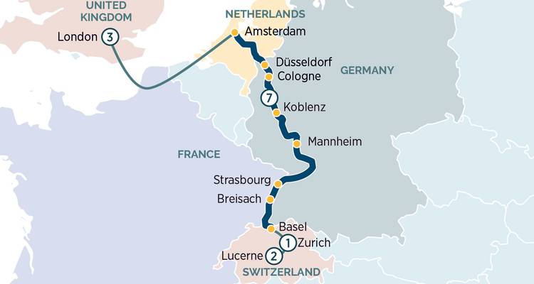 Illustrated map showing a tour route from London to Amsterdam and through the Rhine to Switzerland.