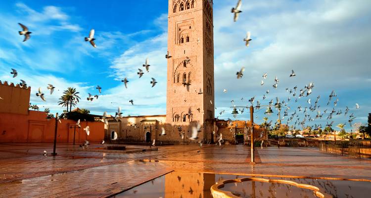 La torre de la Mezquita Koutoubia se eleva sobre la plaza mientras una bandada de palomas levanta el vuelo contra un cielo brillante.