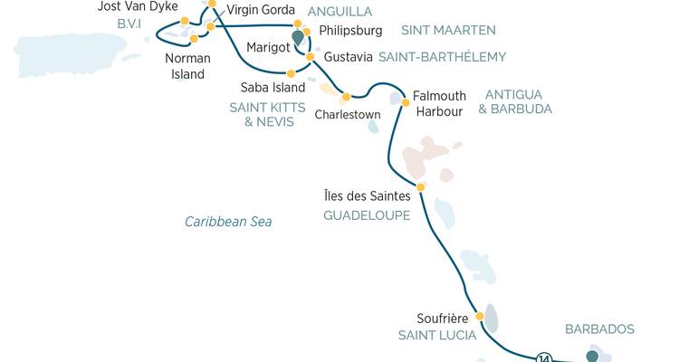 Detaillierte Karibik-Segelrouten-Karte von Saint Lucia zu den Britischen Jungferninseln.