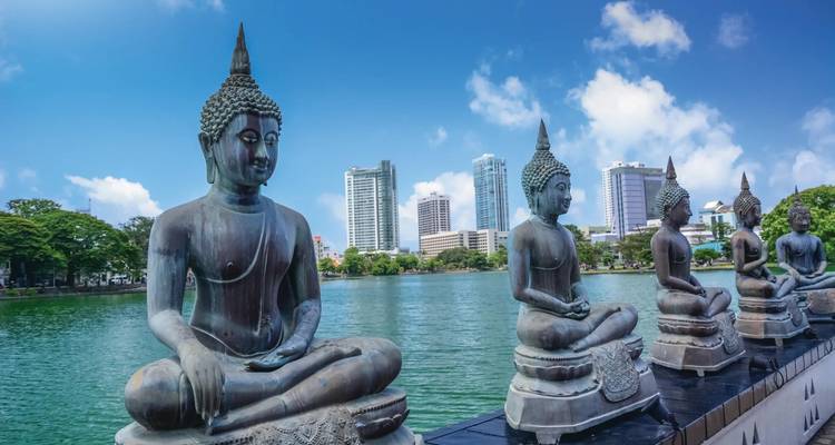 Row of serene Buddha statues facing a turquoise lake with Colombo’s modern skyline beyond.