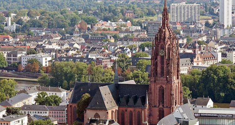 Aerial cityscape of Frankfurt with red sandstone St. Bartholomew's Cathedral