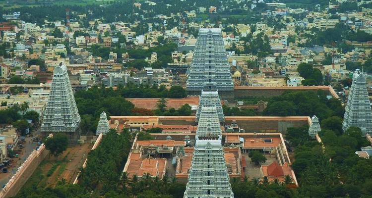 Aerial view of multiple silver-gray temple towers rising above trees and city blocks