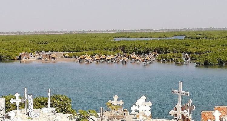 View over a shell-covered Christian cemetery facing mangrove islands and calm estuary waters.