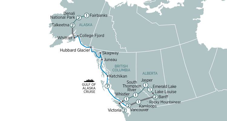 Une carte de visite détaillée illustrant un itinéraire de croisière et de train en Alaska et au Canada.