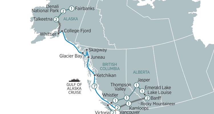 Routekaart met een Alaska- en Canada-reis- en cruiseplan.