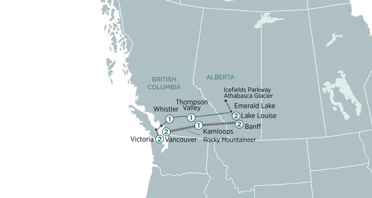 Simplified route map of western Canada highlighting key destinations and travel lines.