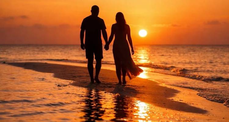 Silhouette of couple holding hands walking along the beach at vibrant orange sunset