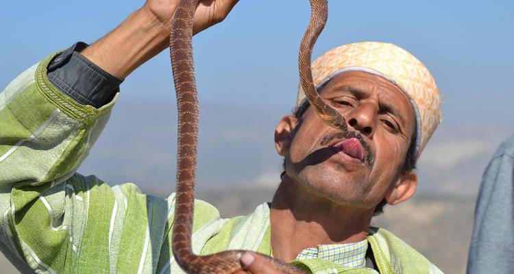 Encantador de serpientes sosteniendo una serpiente viva cerca de su cara bajo el cielo desértico azul