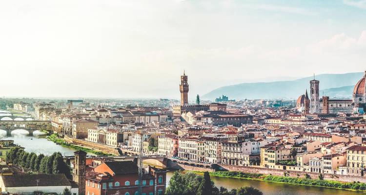 Expansive view of Florence including Palazzo Vecchio and the Duomo under bright sky