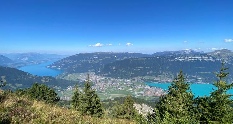 Vue panoramique sur Interlaken et les deux lacs depuis un point de vue alpin élevé par temps clair.