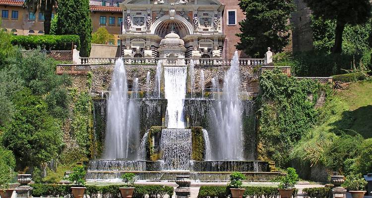 Spectacular multi-tiered fountains and manicured gardens of Villa d’Este near Rome.