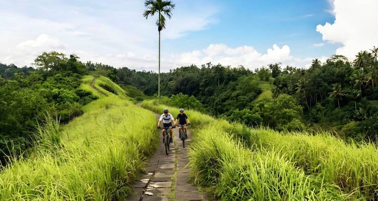 Two cyclists ride along a narrow ridge path through bright green grass with jungle views.