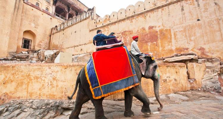 Ein verzierter Elefant transportiert Touristen die Sandsteinmauern der Amber Fort hinauf.