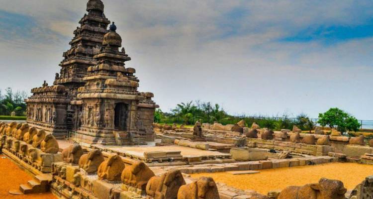 Seaside Shore Temple complex with rows of sculpted Nandi bulls under a partly cloudy sky.