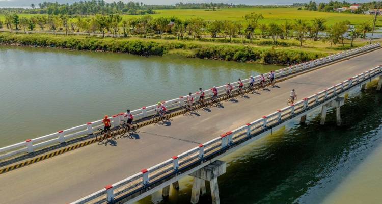 A peloton of cyclists crosses a long bridge over a calm river bordered by rice paddies.