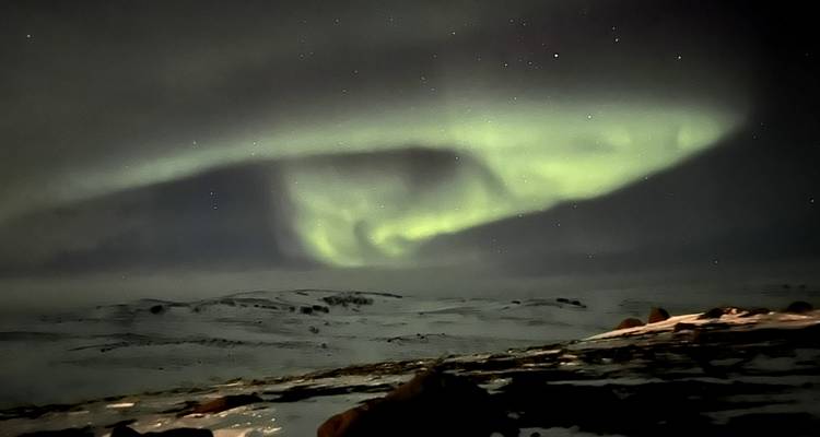 Diffuses grünes Nordlicht, das sich über eine dunkle schneebedeckte Landschaft in der Nacht dreht