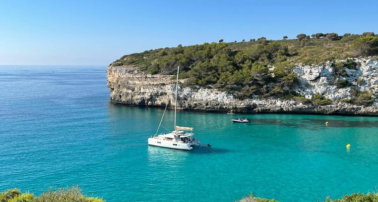 Catamaran ancré dans une anse turquoise sereine sous des falaises calcaires blanches et des pins verts