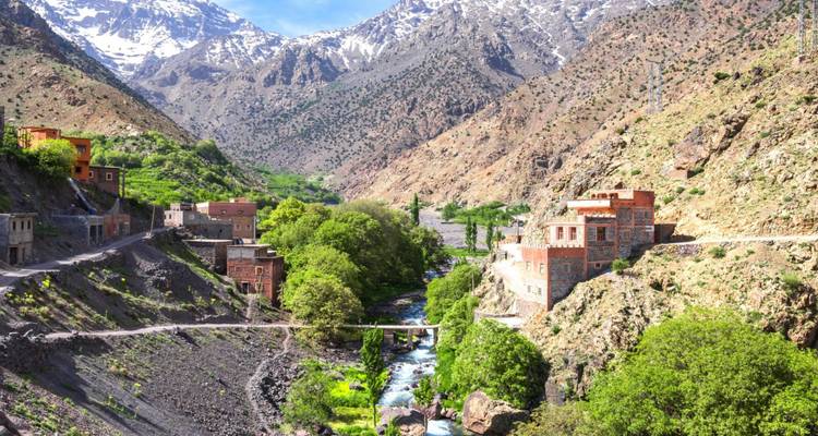 Vallée fluviale verdoyante parsemée de villages en pierre sous les montagnes de l'Atlas aux sommets enneigés.