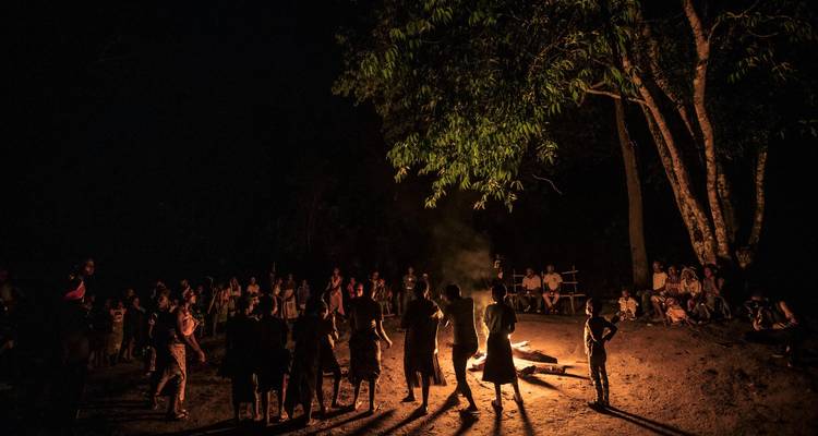 Nighttime campfire where villagers dance and gather under tall trees in the forest.