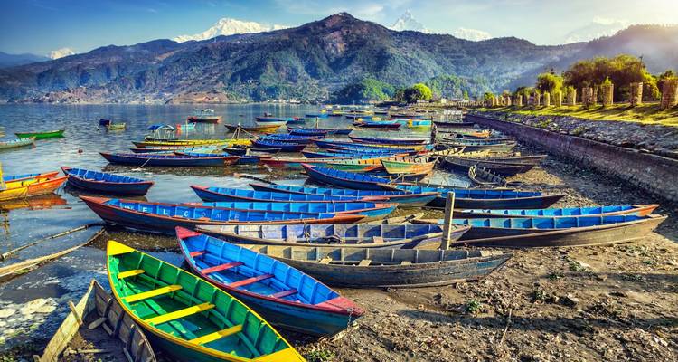 Colourful wooden boats line the shore of Phewa Lake with forested mountains behind.