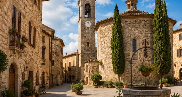 Quiet medieval Italian square with a stone church, bell tower, cypress trees and old well.