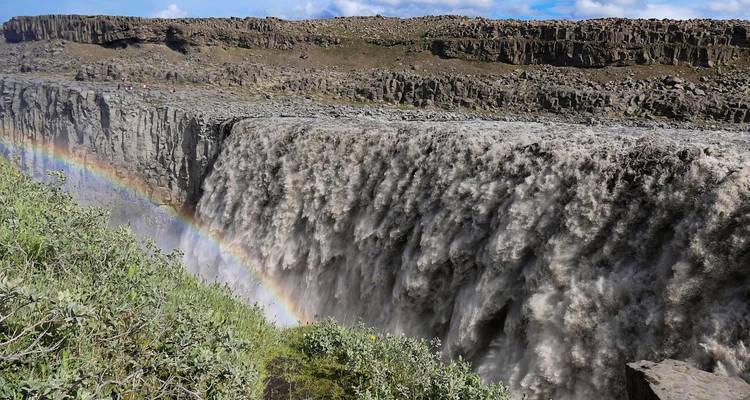 Der mächtige Wasserfall Dettifoss stürzt in eine Schlucht hinab, wobei sich ein lebendiger Regenbogen über der Kluft abzeichnet, an einem sonnigen Tag.